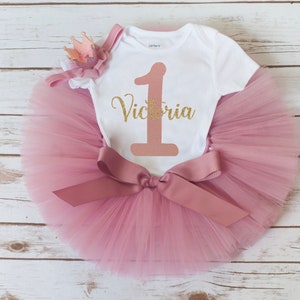 Conjunto de tutú personalizado para primer cumpleaños de niña &quot;Rosy&quot;, para fiesta de primer cumpleaños, para aplastar pastel, color oro rosa