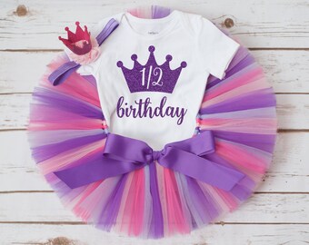 Half birthday tutu outfit 'Persephonee' pink purple 1/2 birthday outfit, 6 month birthday girl half birthday outfit, baby girl half birthday