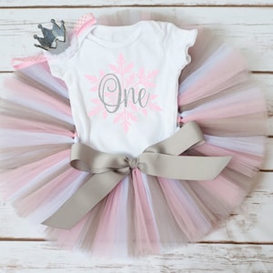 Little Snowflake first birthday outfit &quot;Zoe&quot; pink and silver 1st birthday outfit girl, winter onederland cake smash tutu set