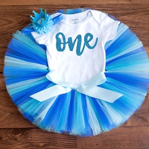 Blue birthday outfit for girls &quot;Oceanna&quot; Ocean first birthday outfit girl, blue bday party for girl, toddler shirt and tutu set