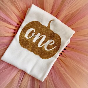 May include: A white t-shirt featuring a gold glitter pumpkin graphic with the word one written in white script across the center, placed on top of a layered tulle skirt in shades of light pink, peach, and soft orange fabric.