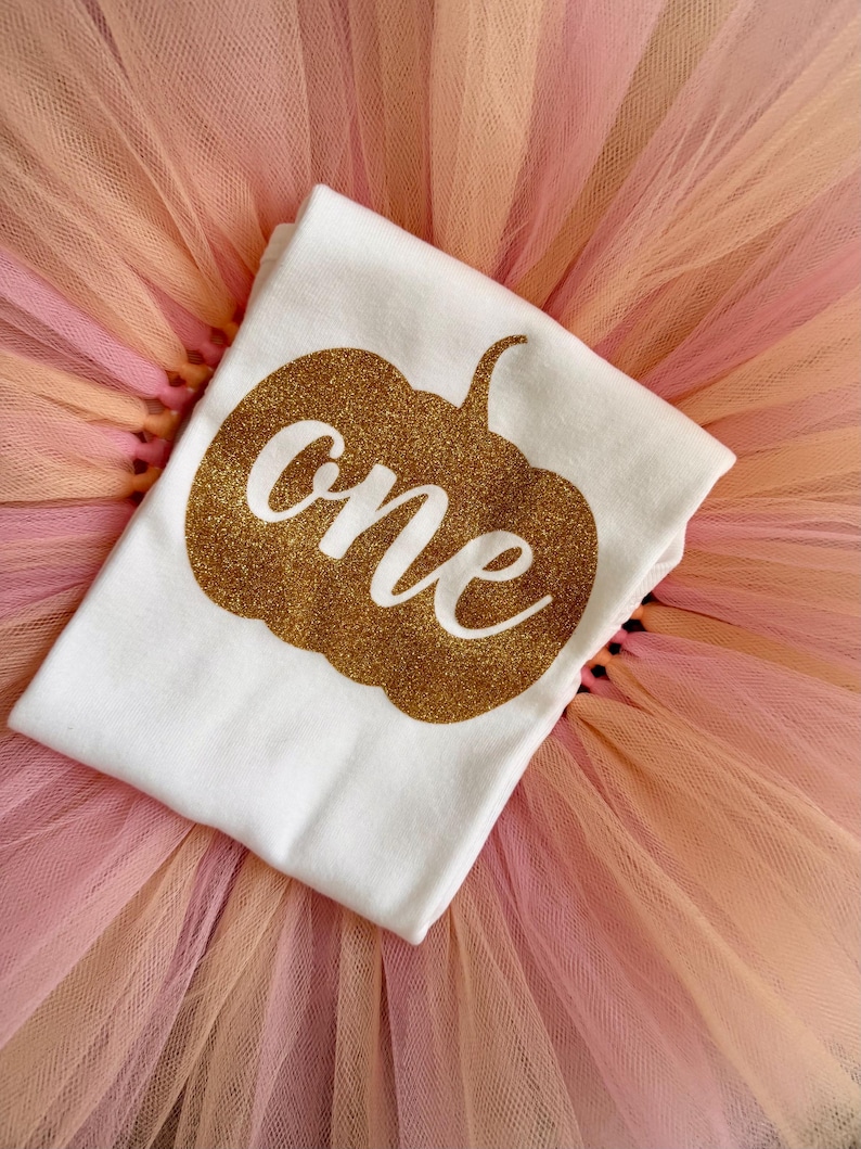 May include: A white t-shirt featuring a gold glitter pumpkin graphic with the word one written in white script across the center, placed on top of a layered tulle skirt in shades of light pink, peach, and soft orange fabric.