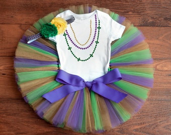 Mardi Gras beads Outfit Girl in purple, gold, and green