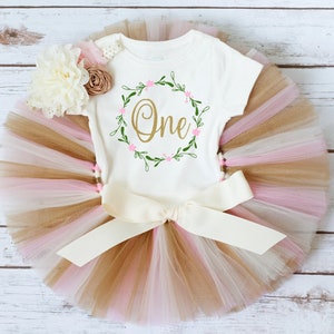 Wildflower first birthday outfit baby girl &#39;Luca Gold&#39; floral cake smash tutu set, wild flower birthday girl one year, pink and gold floral