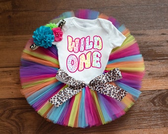 Rainbow leopard first birthday outfit girl 'Teresa' neon rainbow 90s cake smash, wild one tutu, cheetah print baby birthday photo outfit