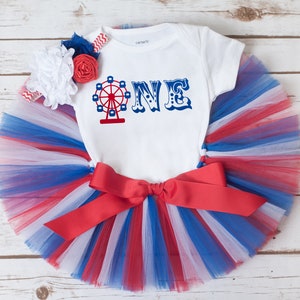 Ferris wheel birthday outfit girl 'Betsy' red blue carnival first birthday, baby girl cake smash tutu set circus theme party outfit