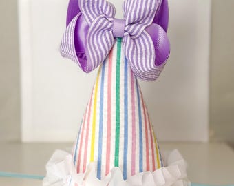 Pastel striped seersucker first birthday hat - circus theme