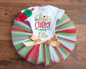 Babys first Christmas outfit girl "Holly" newborn Christmas outfit girl, personalized Christmas outfit girl, baby girl Christmas tutu set