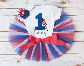 4th of July First Birthday Outfit "Betsy" Red, White, and One - Firecracker cake smash