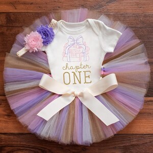 Chapter one first birthday outfit girl 'Selah Gold' bows and books tutu set