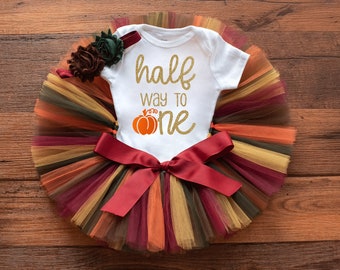 Fall little pumpkin half way to one outfit girl 'Maple' Thanksgiving 6 month photo outfit, fall half birthday, pumpkin half birthday