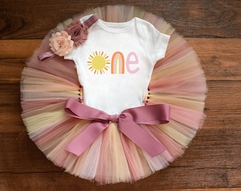Pastel sun rainbow birthday outfit girl - first trip around the sun cake smash tutu set