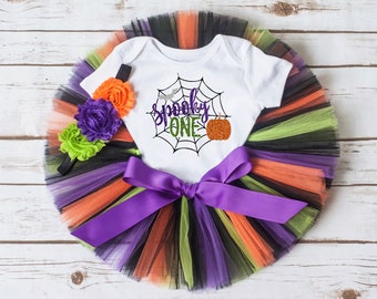 Baby girl Halloween first birthday outfit 'Spooky One' halloween birthday outfit, witch tutu outfit, halloween cake smash tutu set