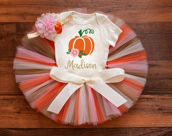 Personalized fall pumpkin patch outfit 'Kambrie' pink, orange Thanksgiving baby tutu