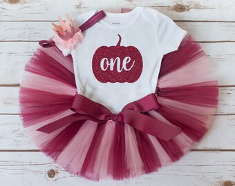 Ensemble de tutu « Caroline » pour premier anniversaire avec une citrouille rose et bordeaux