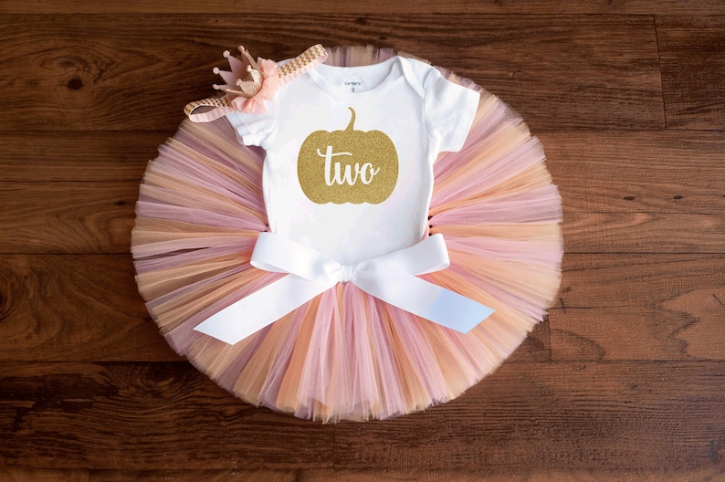 May include: A white short-sleeved bodysuit featuring a gold glitter pumpkin graphic with the word two printed in white script. The bodysuit is paired with a multi-layered tulle tutu in shades of peach and pink, accented by a white satin bow.