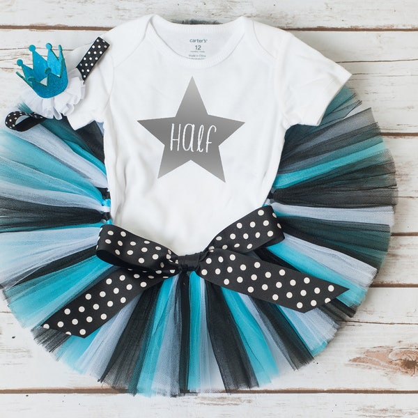 Star half birthday outfit "Paige" turquoise tutu set star 6 month outfit rock star tutu set turquoise and black half birthday tutu outfit