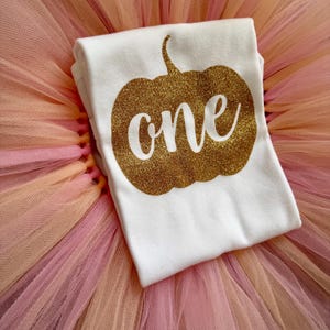May include: A white t-shirt featuring a gold glitter pumpkin graphic with the word one written in white script across the center, placed on top of a layered tulle skirt in shades of light pink and peach.