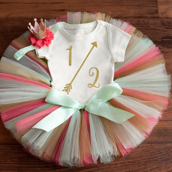 Half birthday outfit 'Siera Gold' coral mint gold half birthday tutu outfit, girl 6 month birthday photo outfit baby girl half birthday tutu