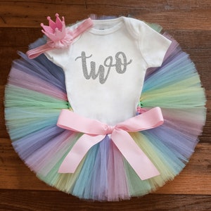 Pastel rainbow bday tutu set 'Kaylyn' girls one birthday outfit - cake smash photoshoot image 3