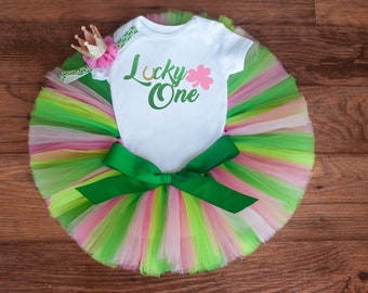 Lucky One first birthday outfit girl - pink and green - St Patricks Day cake smash