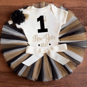 First New Years outfit baby girl &#39;Clara Gold&#39; NYE tutu set, 2026 baby new years outfit