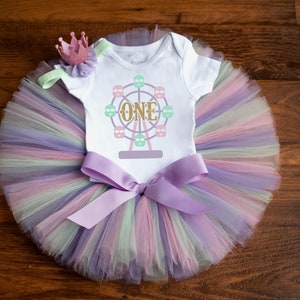 Ferris wheel birthday outfit girl 'Elizabeth' carnival first bday baby girl, big top cake smash tutu set, circus first birthday outfit