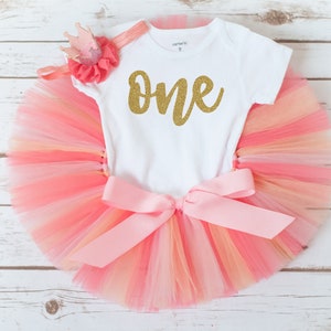 Summer first birthday outfit girl &#39;Rachel&#39; cake smash coral peach and gold tutu set, baby girls birthday outfit