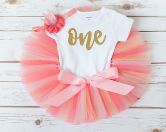 Zomeroutfit voor eerste verjaardag meisje 'Rachel' koraal, perzik, roze en goud