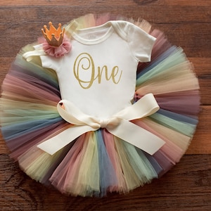 Muted pastel rainbow first birthday outfit, rainbow baby first birthday outfit girl, rainbow cake smash tutu outfit, boho first birthday