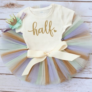 Half birthday outfit baby girl &#39;Camila Gold&#39; mint purple gold tutu set, 6 month photo outfit