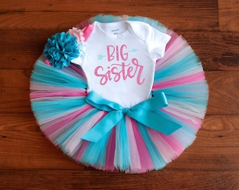 Gender Reveal big sister outfit "Princess" pink and blue sibling announcement tutu set