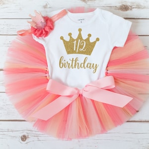 Coral peach and gold half birthday outfit girl &#39;Rachel&#39; 6 month birthday tutu, milestone photo outfit girl, summer 1/2 bday tutu set