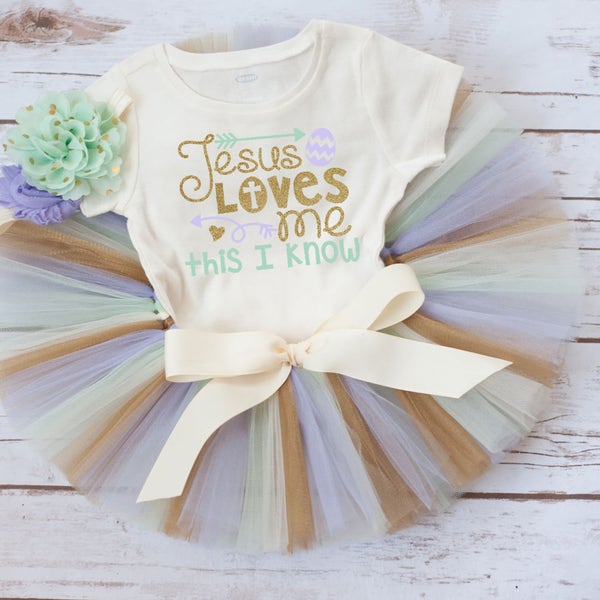 Easter outfit baby girl 'Camila' Jesus Loves Me First Easter outfit, baby Easter tutu, lavender mint and gold