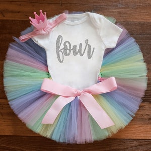 Pastel rainbow bday tutu set 'Kaylyn' girls one birthday outfit - cake smash photoshoot image 6