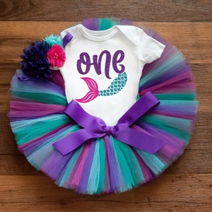 Mermaid first birthday outfit girl &#39;Bethany&#39; cake smash tutu set, oneder the sea outfit, ocean birthday theme baby girl
