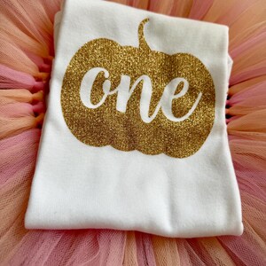 May include: A white short-sleeved shirt featuring a gold glitter pumpkin graphic with the word one written in white script across the center, placed on top of a layered pink and peach tulle skirt with a gathered texture.