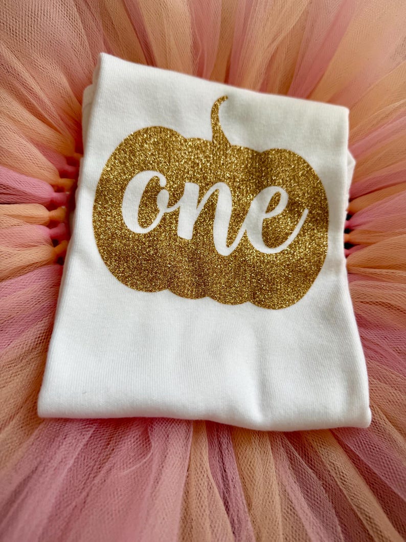 May include: A white short-sleeved shirt featuring a gold glitter pumpkin graphic with the word one written in white script across the center, placed on top of a layered pink and peach tulle skirt with a gathered texture.