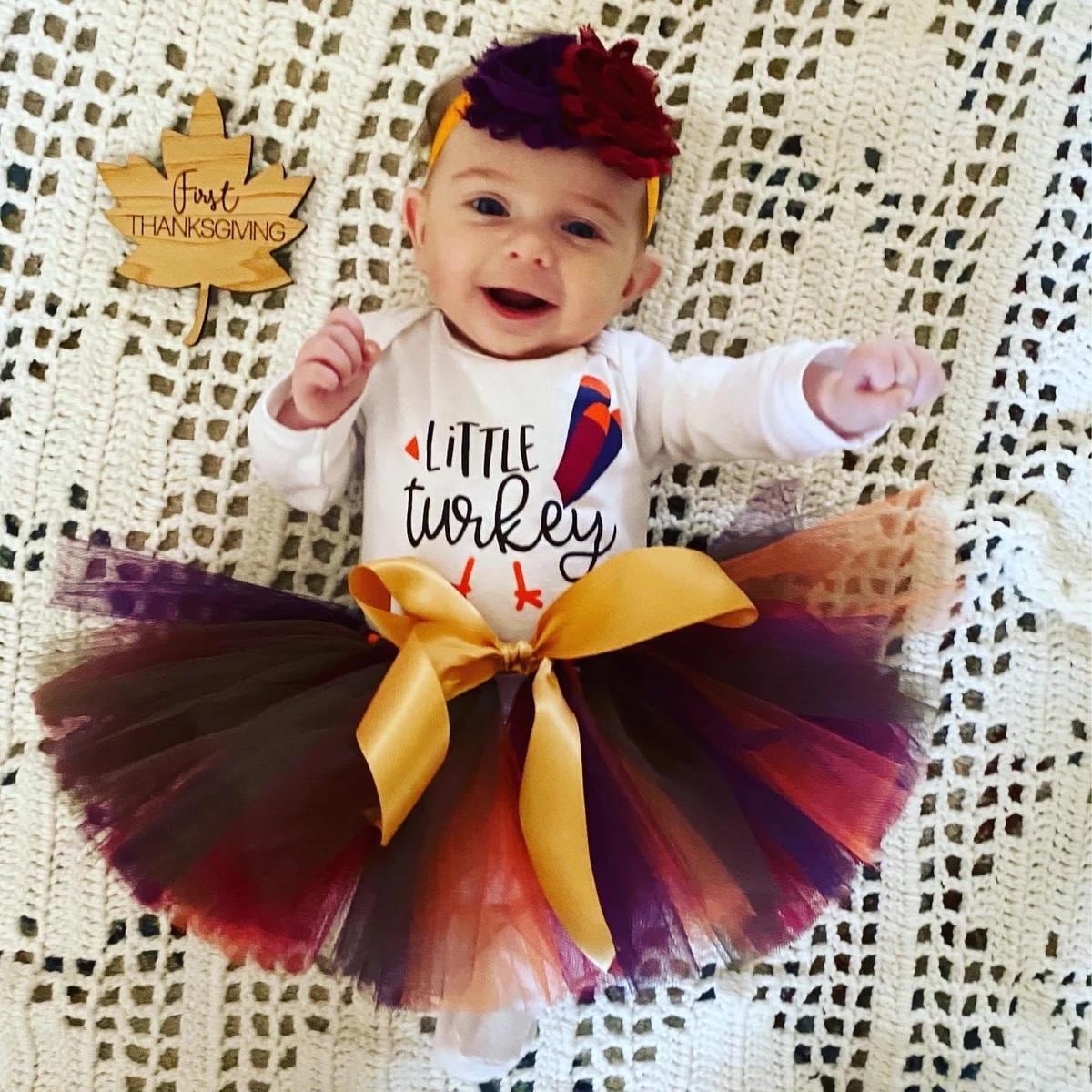 Tenue Première Thanksgiving Pour Nouveau-né Fille - Combinaison Manches Longues & Jupe à Bretelles Avec Bandeau | Ensemble Cadeau Noël Bébé