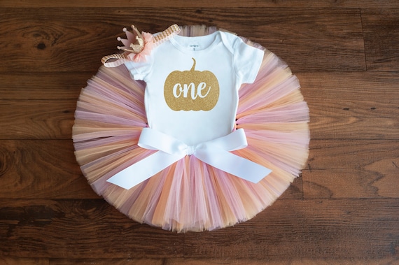 Pastel pumpkin first birthday outfit 'Summer' pink and peach tutu, bodysuit, headband set
