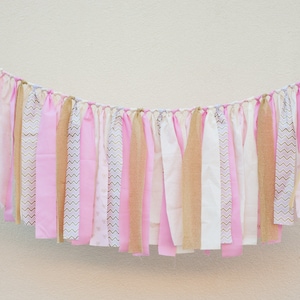 Pink and gold birthday high chair banner &quot;Luca Gold&quot; fabric garland, baby shower banner decor, nursery garland for girls