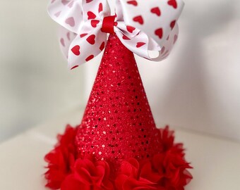 Valentines Day First Birthday – Red Hearts One Year Old Party Hat