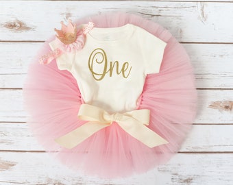 Vestito rosa e oro per il primo compleanno di una bambina, "Kristin"