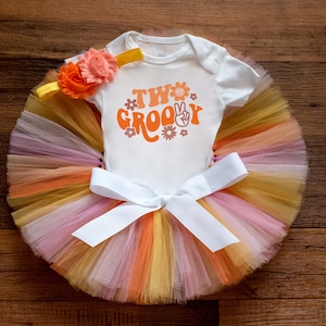Two Groovy 2nd Birthday Outfit &quot;Sunset&quot; Baby Girl Groovy Retro 2nd Birthday Tutu, 70s Theme party, flower power