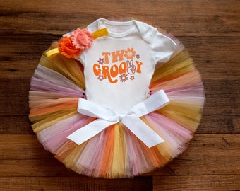 Twee groovy tweede verjaardag outfit meisje 'Sunset' Vintage 70s 2 outfit, cake smash outfit, retro verjaardag, jaren 70 verjaardag, twee verjaardag tutu