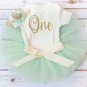 Girls First Birthday Outfit &quot;Sadie&quot; 1st Birthday Bodysuit or Tutu Set, Baby Girl Cake Smash Clothes, Mint Gold Party Outfit