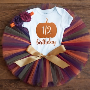 Pumpkin half birthday outfit girl, 6 month fall photo outfit, Autumn 1/2 bday tutu, little pumpkin half birthday, thanksgiving