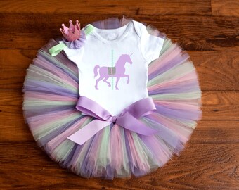 Carousel birthday outfit 'Elizabeth' pastel unicorn birthday tutu outfit, cake smash outfit girl, horse first birthday outfit girl