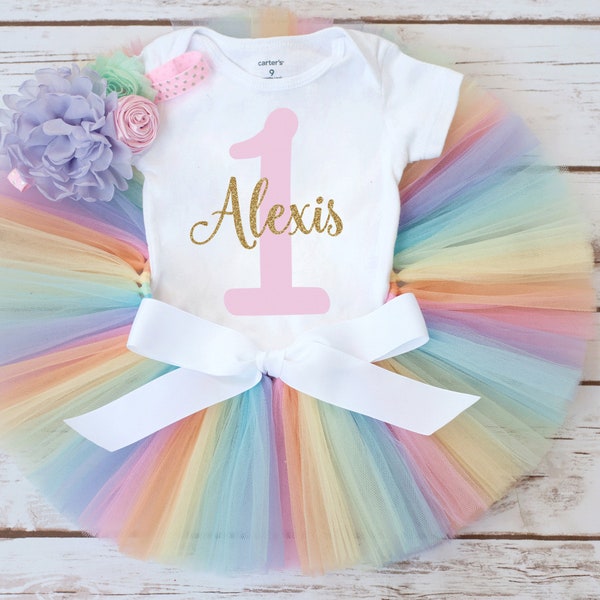 Pastel rainbow first birthday outfit, rainbow baby first birthday outfit girl, rainbow cake smash tutu outfit, pastel first birthday tutu