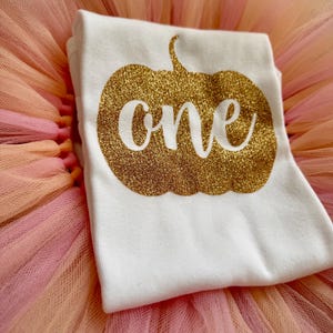 May include: A white short-sleeved t-shirt featuring a gold glitter pumpkin graphic with the word one written in white script across the center. The shirt is placed on top of a layered tulle skirt in shades of light pink, peach, and orange.